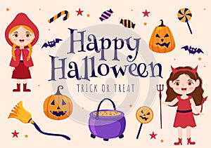 Happy Halloween Template Background Hand Drawn Cartoon Flat Illustration with Children Wearing Various Costumes, Haunted House,