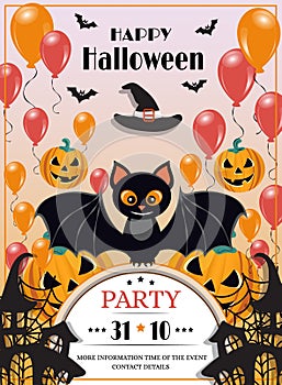 Happy Halloween template design invitation flyer or party poster. Drawing placard with bat, pumpkin and balloons.