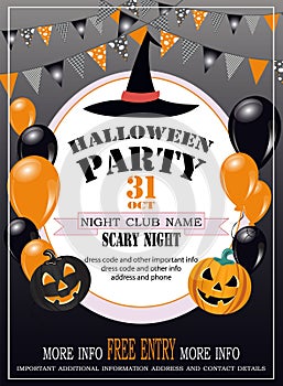 Happy Halloween template design invitation flyer or party poster. Drawing placard with evil pumpkin, hat and balloons.