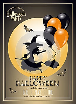 Happy Halloween template design invitation flyer or party poster. Drawing placard flying silhouette witch, full moon and balloons.