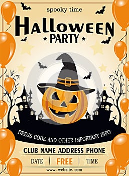 Happy Halloween template design invitation flyer or party poster. Drawing placard pumpkin, hat, bat and balloons.