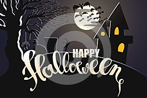 Happy Halloween text on background of dark spooky cemetery with grave stones, scary tree , haunted house in full moon light and