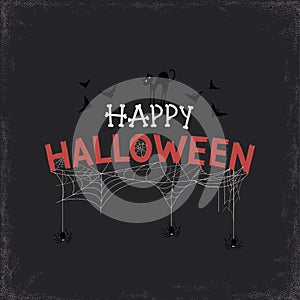 Happy Halloween Text Banner with black cat, bats and spiders. Vector illustration EPS10