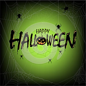 Happy Halloween Text  Banner. black silhouette and spider web on a green background