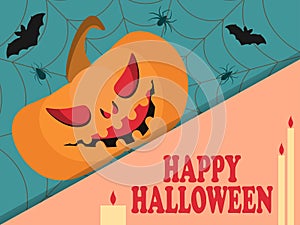 Happy Halloween. Text banner with evil pumpkin, bats and spiders with cobwebs. Design greeting card. Vector illustration