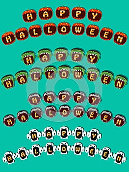 Happy Halloween Text Banner On Head Monsters. Pumpkin, Frankenstein, Dracula and Ghost Head Design