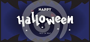 Happy halloween text banner with spider, spider web, isolated on blue background