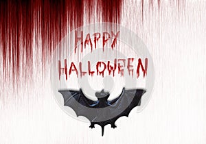 Happy Halloween text. Bat on bloody background.