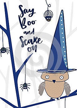 Happy Halloween Text card. Greeting cards with handwritten lettering and Halloween characters.Vector