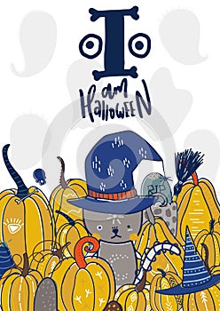 Happy Halloween Text card. Greeting cards with handwritten lettering and Halloween characters.Vector