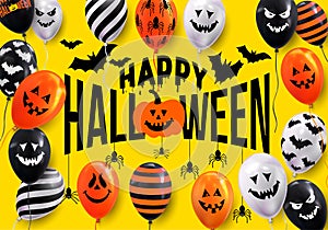 Happy halloween text design banner. Ghost Balloons. Scary air balloons. Vector illustration. on yellow background.