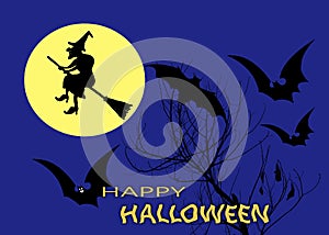 Happy Halloween text with light pole and smileing bats and cute spider at full moon