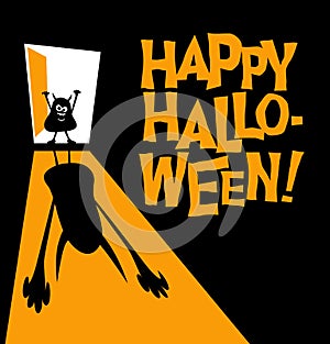 Happy Halloween text with little zombie casting huge scary shadow.