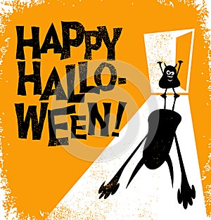 Happy Halloween text with little zombie casting huge scary shadow.