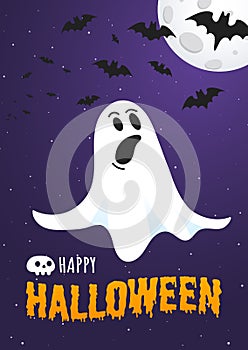 Happy Halloween text postcard banner with ghost scary face