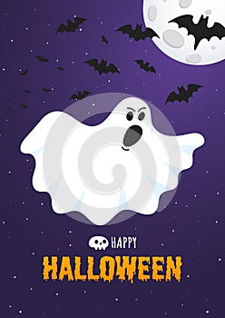 Happy Halloween text postcard banner with ghost scary face