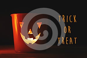 Happy Halloween text sign. Halloween Jack o lantern with glowing