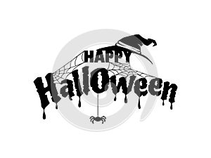 Happy Halloween. Text with spider, web and witch hat silhouettes. Template banner, postcard, invitation for Halloween party