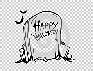 Happy halloween text on tomb with spiders,spiderwebs,pumpkins,bats, cemetery isolated on png or transparent, blank space for text,