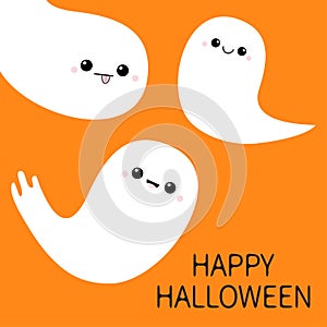 Happy Halloween. Three flying ghost spirit set. Scary white ghosts family. Cute cartoon spooky character. Smiling face, cheeks. Or