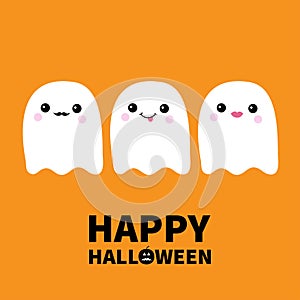 Happy Halloween.Three flying ghost spirit set showing tongue, moustaches, lips. Boo. Scary white ghosts. Cute cartoon spooky chara