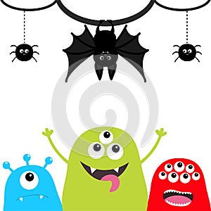 Happy Halloween. Three monster silhouette set. Head face. Hanging bat, spider insect on dash line web. Cute cartoon scary characte