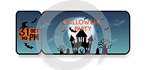 Happy Halloween ticket, night party invitation ticket, for entrance, bats, black cat,castle and full moonlight.