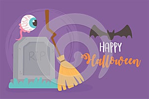Happy halloween tombstone broom bat and spooky eye