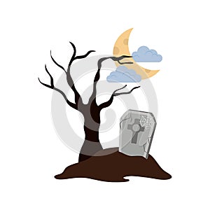 Happy halloween, tombstone ground dry tree nihgt moon clouds, trick or treat celebration flat icon style