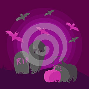 happy halloween, tombstone pumpkins, trick or treat party celebration vector illustration, pink color
