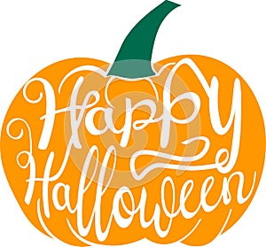 Happy Halloween transparent lettering carved on pumpkin holiday greeting emblem