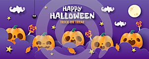 Happy Halloween trick or treat banner paper cut style background Vector illustration, fun party celebration invitation with night 