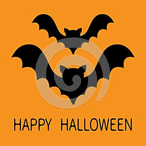 Happy Halloween. Two bat flying black silhouette icon set. Cute cartoon baby character with big open wing. Forest animal. Flat