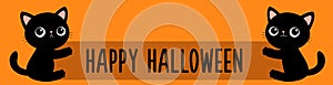 Happy Halloween. Two cats holding placard blank sign paper with paws. Web banner template. Black kitten set. Cute cartoon funny