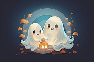 Happy Halloween, two cute ghost smiling in the forest and glowing jack o\' lantern pumpkin, lovely halloween illustration