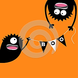 Happy Halloween Two screaming monster head silhouette. Bunting flags pack Boo letters. Flag garland. Hanging upside down. Black Fu