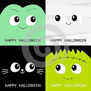 Happy Halloween. Vampire count Dracula, Mummy, black cat, zombie square face head icon set. Cute cartoon funny spooky baby charact