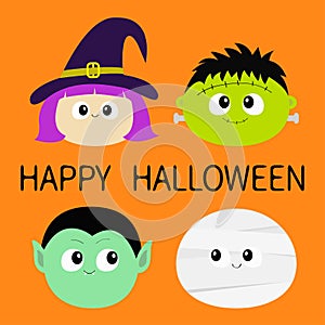 Happy Halloween. Vampire count Dracula, Mummy, whitch hat, Frankenstein zombie round face head icon set. Cute cartoon funny spooky