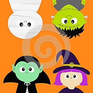 Happy Halloween. Vampire count Dracula, Mummy, whitch hat, zombie round face head body icon set. Hanging upside down. Cute cartoon