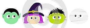 Happy Halloween. Vampire count Dracula, Mummy, whitch hat, zombie round face head icon set. Cute cartoon funny spooky baby charact