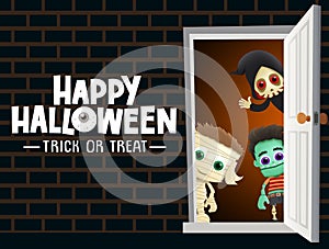 Happy halloween vector background greeting. Happy halloween trick or treat greeting text in wall.