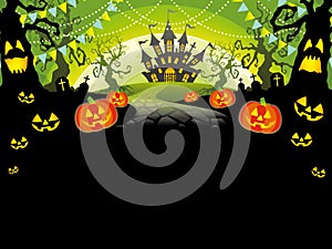 Happy Halloween Vector Background Illustration With Haunted Mansion, Trees, Jack-O-Lantern, And Text Space.