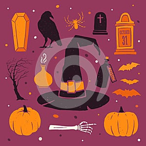 Happy Halloween. Vector colored silhouettes: pumpkin, witch hat, bats, bones and other traditional elements of Halloween.