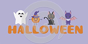 Happy Halloween. Vector cute illustrations of pumpkin, black cat, ghost, bat on purple background