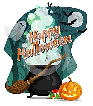 Happy Halloween. Vector flyer. Witcher cauldron with magic potion and steam in creepy dark forest with ghosts