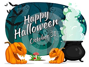 Happy Halloween. Vector flyer. Witcher cauldron with magic potion and steam in creepy dark forest with ghosts