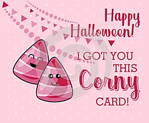 Happy Halloween vector greeting card with halloween corny candies