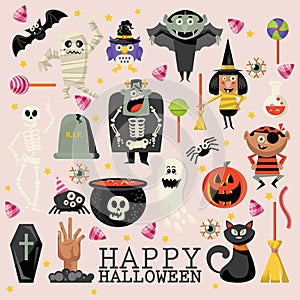 Happy Halloween vector greeting card with halloween icons. Light background