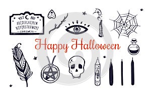 Happy Halloween Vector hand drawn set. Witchcraft elements skull, candles, poition