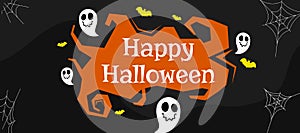 Happy halloween Vector illustration banner with cobweb, bat and ghost